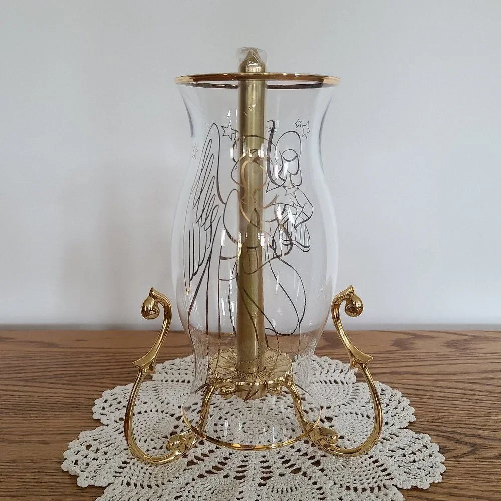 Partylite Versailles Stand Candle Holder With Golden Angel Hurricane Shade P7078